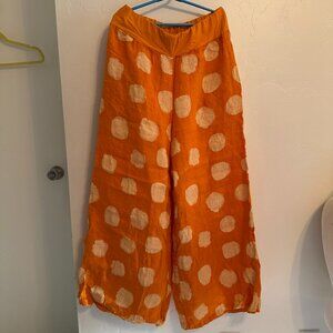 Made In Italy NWOT Orange & White Dots 100% Linen Palazzo Pants w/ Pockets